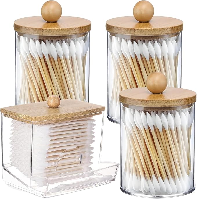 AXX Qtip Dispenser Apothecary Jars Bathroom - Qtip Holder Storage Canister Clear Plastic Jar for Cotton Swab,Q-Tips,Cotton Rounds (E#Bamboo 4Pcs)