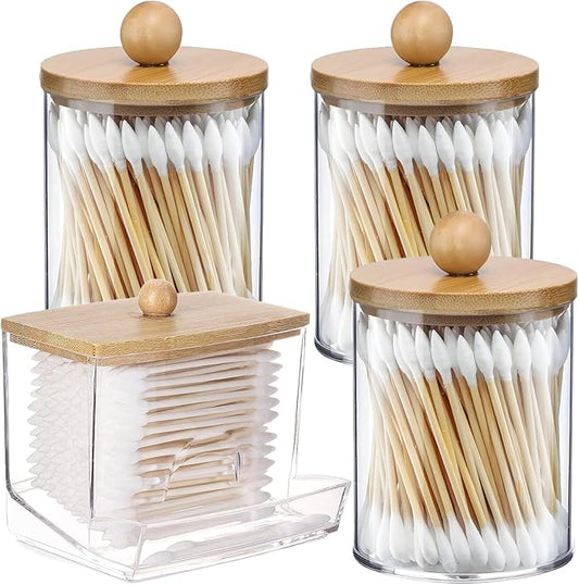 AXX Qtip Dispenser Apothecary Jars Bathroom - Qtip Holder Storage Canister Clear Plastic Jar for Cotton Swab,Q-Tips,Cotton Rounds (E#Bamboo 4Pcs)