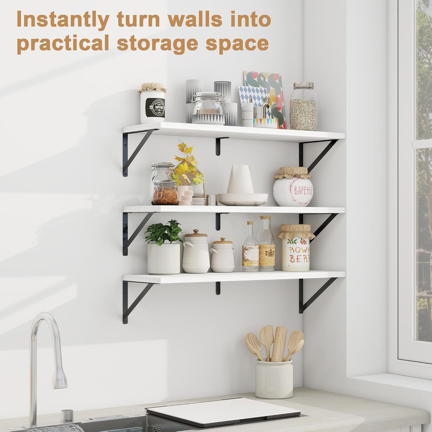 Fun Memories Floating Shelves, 32 x 8 Inches, Set of 3 Wall-Mounted Bookshelves with Metal Brackets, Decorative Storage for Home and Office (White)