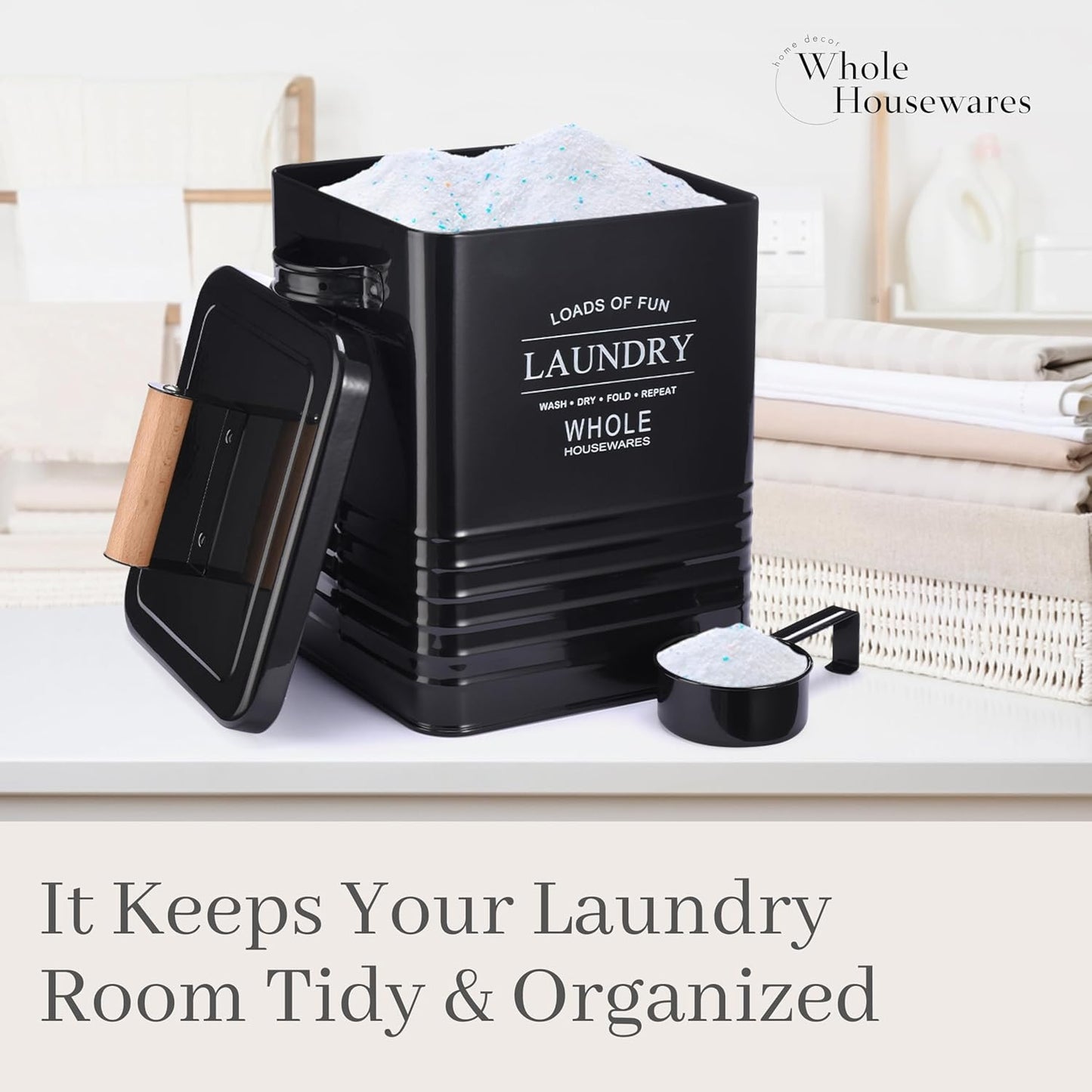 Whole Housewares Laundry Detergent Container - Tin Farmhouse Metal Laundry Powder Soap Dispenser With Scooper, Airtight Lid And Handles - Vintage Soap Pod Holder Storage Bin With Lid And Scent Holders