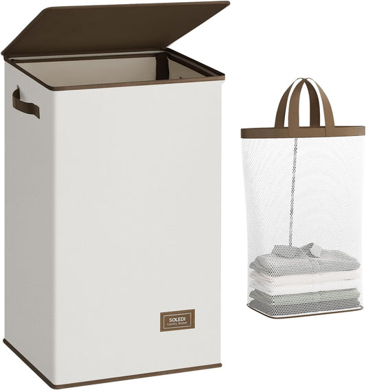 SOLEDI Laundry Hamper with Lid 90L Large & Tall Collapsible Laundry Basket, Clothes Hamper with Bag Removable Easy to Carry, Dirty Hampers for Bedroom, Bathroom, Dorm, College, Beige