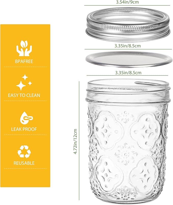 Mason Jars 16oz with Lids-6 Pack Wide Mouth Glass Mason Jar Vintage Glass Canning Jars with Metal Lids for Canning, Pickling, Food Storage