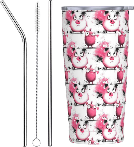Pig Tumbler with Lid and Straw 20oz Insulated Reusable Stainless Steel Travel Mug Double Wall Vacuum Coffee Cup for Hot Cold Drinks Leak-Proof Portable Cups for Women Men Gifts