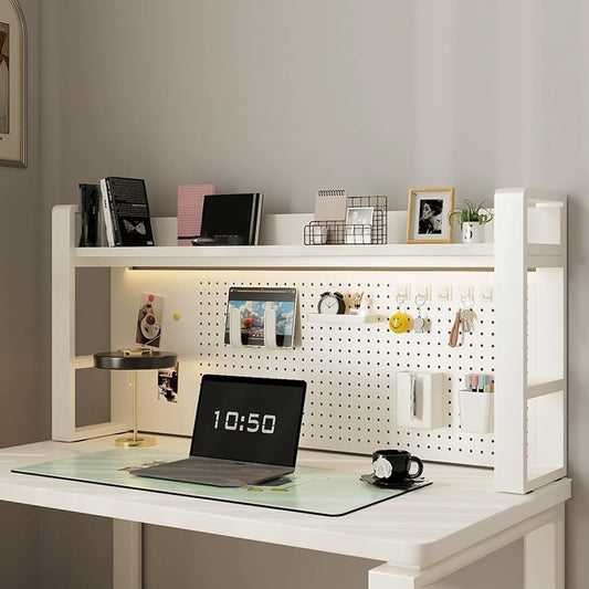 2-Tier Computer Desktop Bookshelf, Metal and Wood Desk Organizer Shelf with Pegboard, Small Freestanding Rack for Gaming, Study, and Display, for Home Office and Dorm