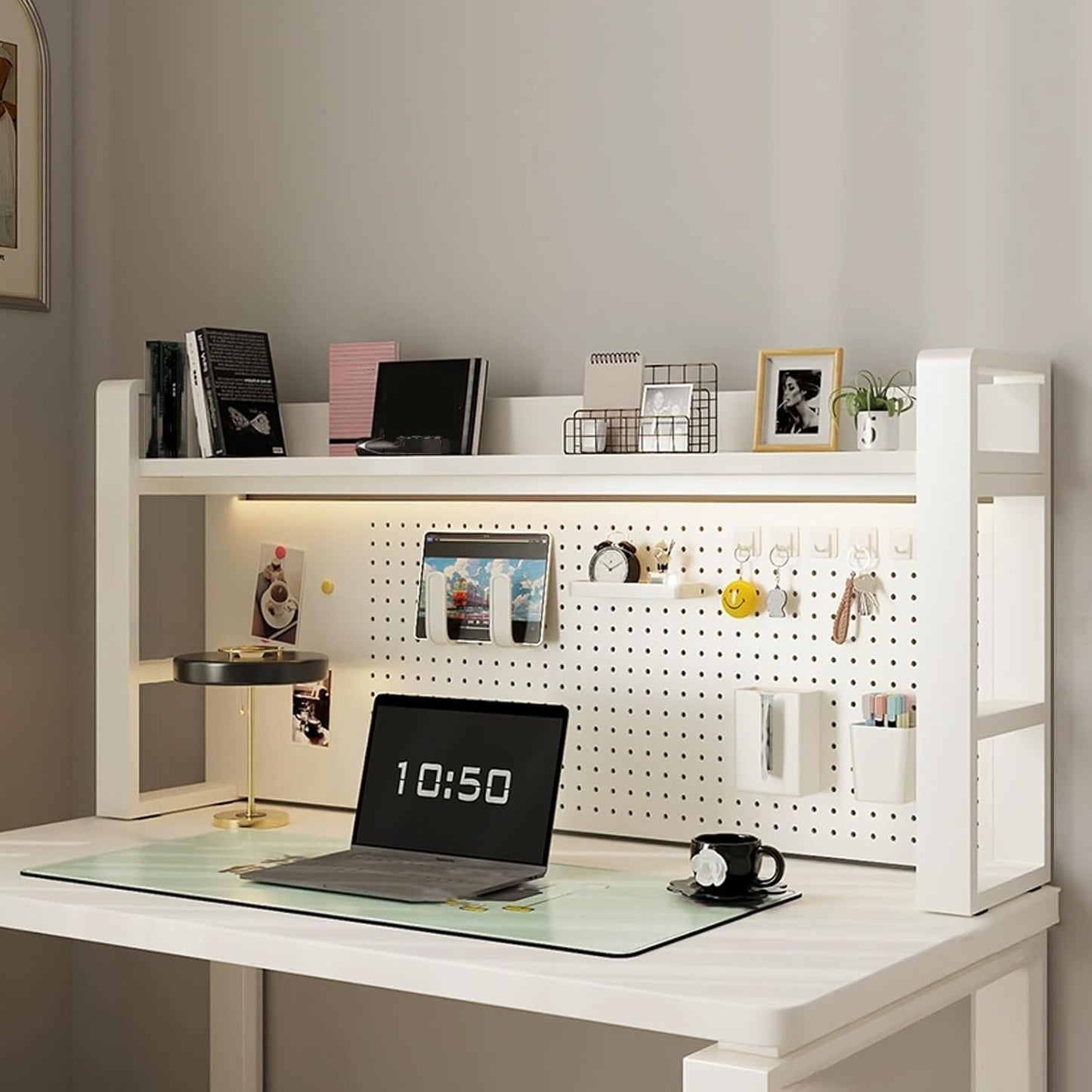 2-Tier Computer Desktop Bookshelf, Metal and Wood Desk Organizer Shelf with Pegboard, Small Freestanding Rack for Gaming, Study, and Display, for Home Office and Dorm