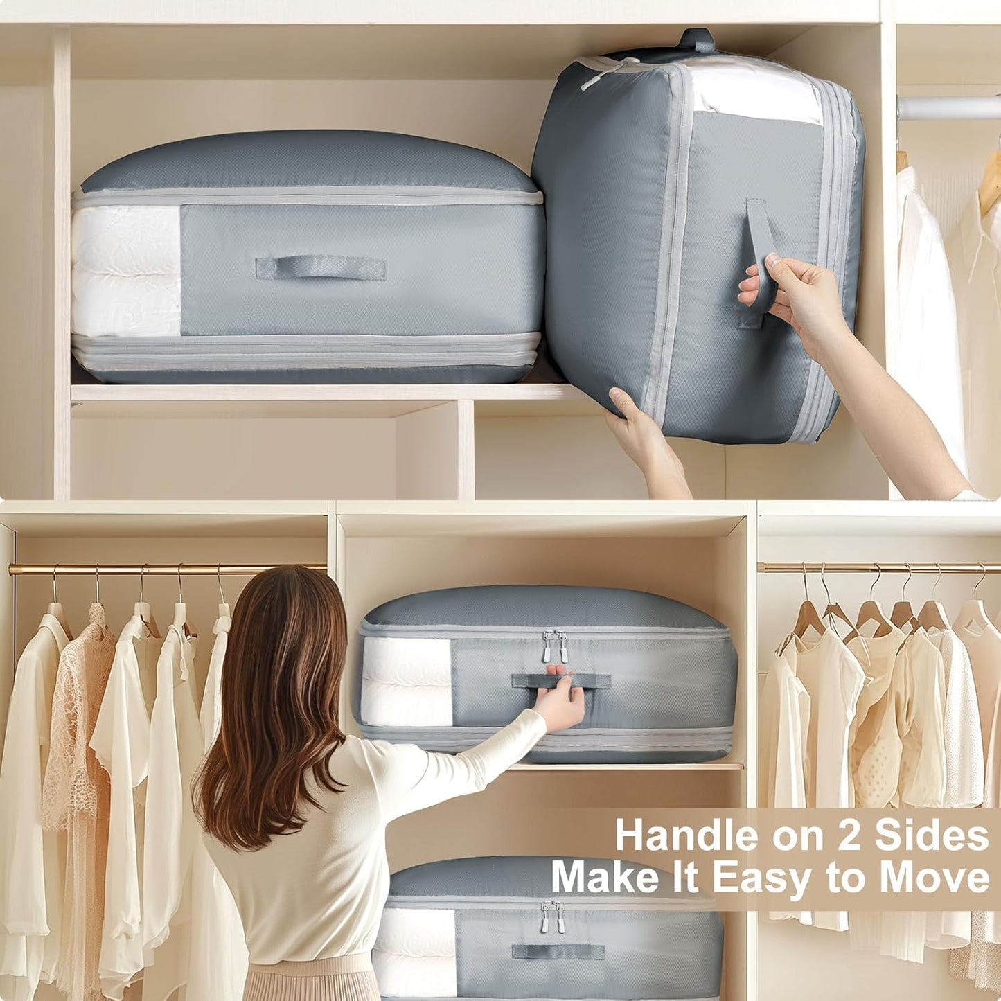 Comforter Storage Bag - Large Capacity Blanket Storage Bags 3-Layer Ultra Space Saving Self Compression Organizer, Washable Compression Bags for Storage Comforter Blanket, 2-Pack, Grey