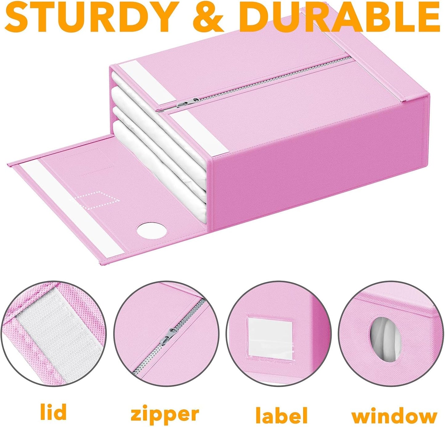 SpaceAid 3 Pack Bed Sheet Organizers and Storage, Foldable Sheet Organizer for Linen Closet, Set Folder Keeper with Window XL (Queen & King Size) Bedding Container (Pink, 3 Pack)