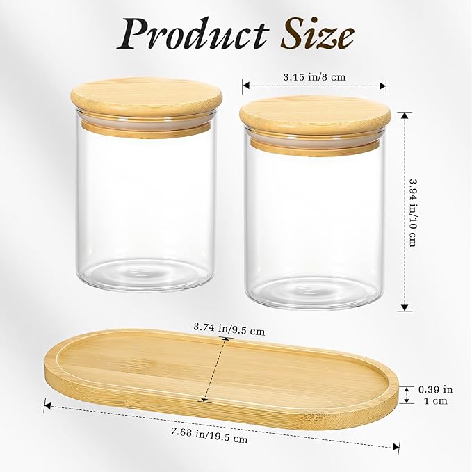Luxspire Glass Qtip Holder with Vanity Tray, 2 Pack Cotton Swab Holder with Bamboo Lid, 13.4 oz Glass Apothecary Jars Bathroom Accessories Canisters for Cotton Swabs, Balls, Pads, Floss Picks