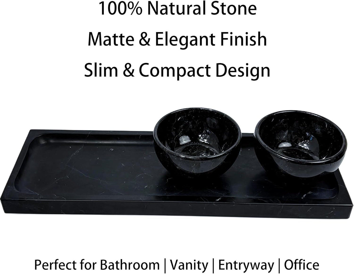 Black Marble Tray for Bathroom Countertop - Rectangular Vanity Organizer, Natural Stone Catchall Tray for Dresser, Entryway, Makeup, Jewelry | 10.6" x 3.5", Polished Finish