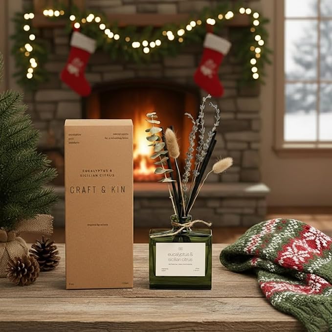 Craft & Kin Reed Diffuser with Dried Flowers | 5 oz Sicilian Citrus & Eucalyptus Scented Fall Reed Diffusers for Home, Bathroom | Scent Sticks | Elegant Fragrance Home Decor for Men & Women
