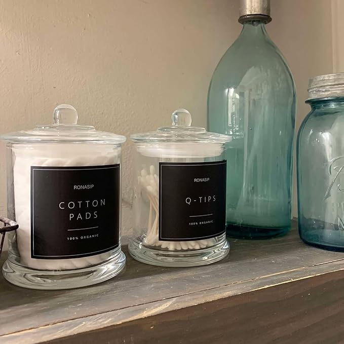Qtip Holder & Cotton Pad Dispenser, Bathroom Organizer and Storage Canisters, 16oz Glass Apothecary Jars for Kitchen, Restroom - Home Decor, Room Decor Aesthetic (2 Pack, Transparent)