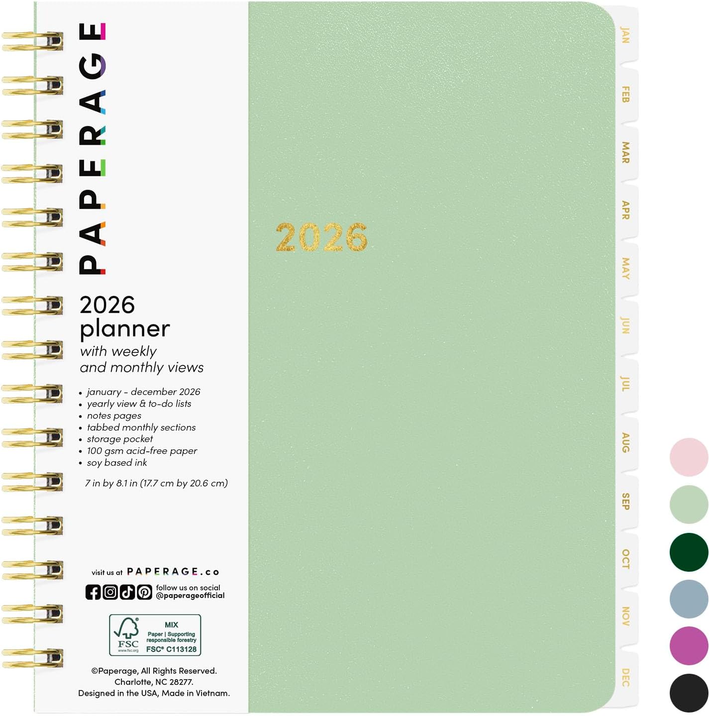 PAPERAGE 2026 Weekly & Monthly Planner, 12 Months (January 2026 - December 2026), 6.6 in x 8.1 in, Spiral Bound 2026 Planner with Weekly, Monthly & Yearly Views, Note Pages & Inner Pocket – Sage Green
