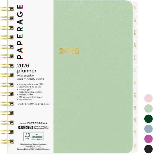 PAPERAGE 2026 Weekly & Monthly Planner, 12 Months (January 2026 - December 2026), 6.6 in x 8.1 in, Spiral Bound 2026 Planner with Weekly, Monthly & Yearly Views, Note Pages & Inner Pocket – Sage Green