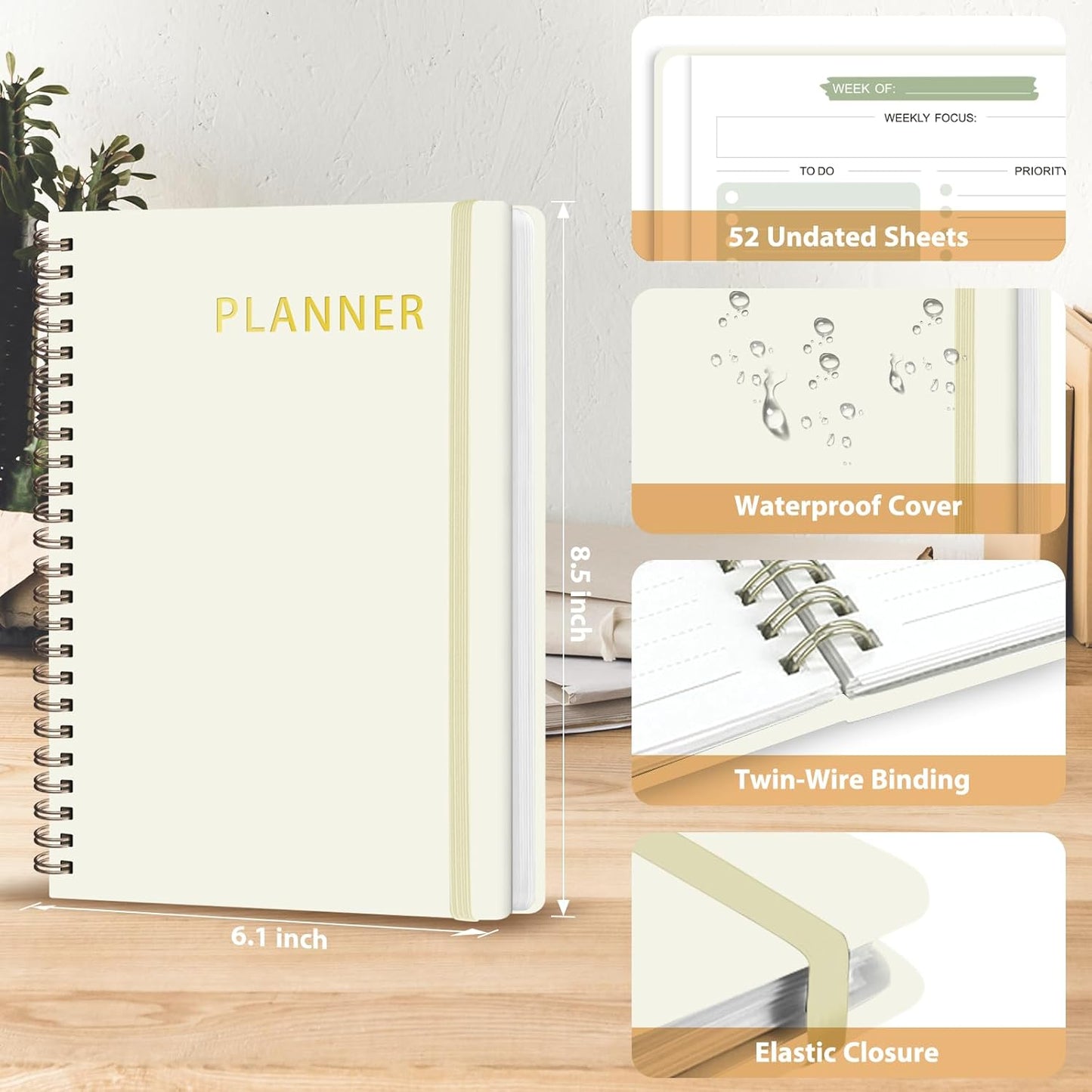 Undated Weekly Planner, Weekly To Do List Notebook with Goal, Organizer & Habit Tracker, A5 Daily Planner with Spiral Binding, Ideal for Office School Suppies (Beige)