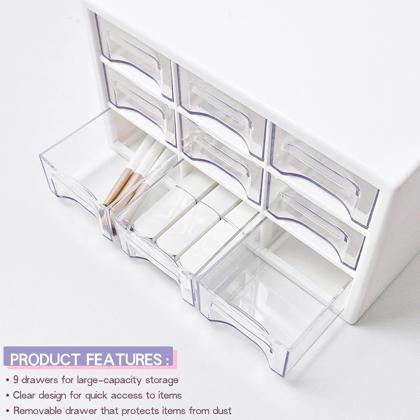 Desk Storage Organizer with 9 Drawers, FODIENS Stackable Desktop Craft Drawer Cabinet, Clear Storage Box Caddy for Makeup Jewelry Office Craft Supplies (9.84×6.3×5.9in) (White)