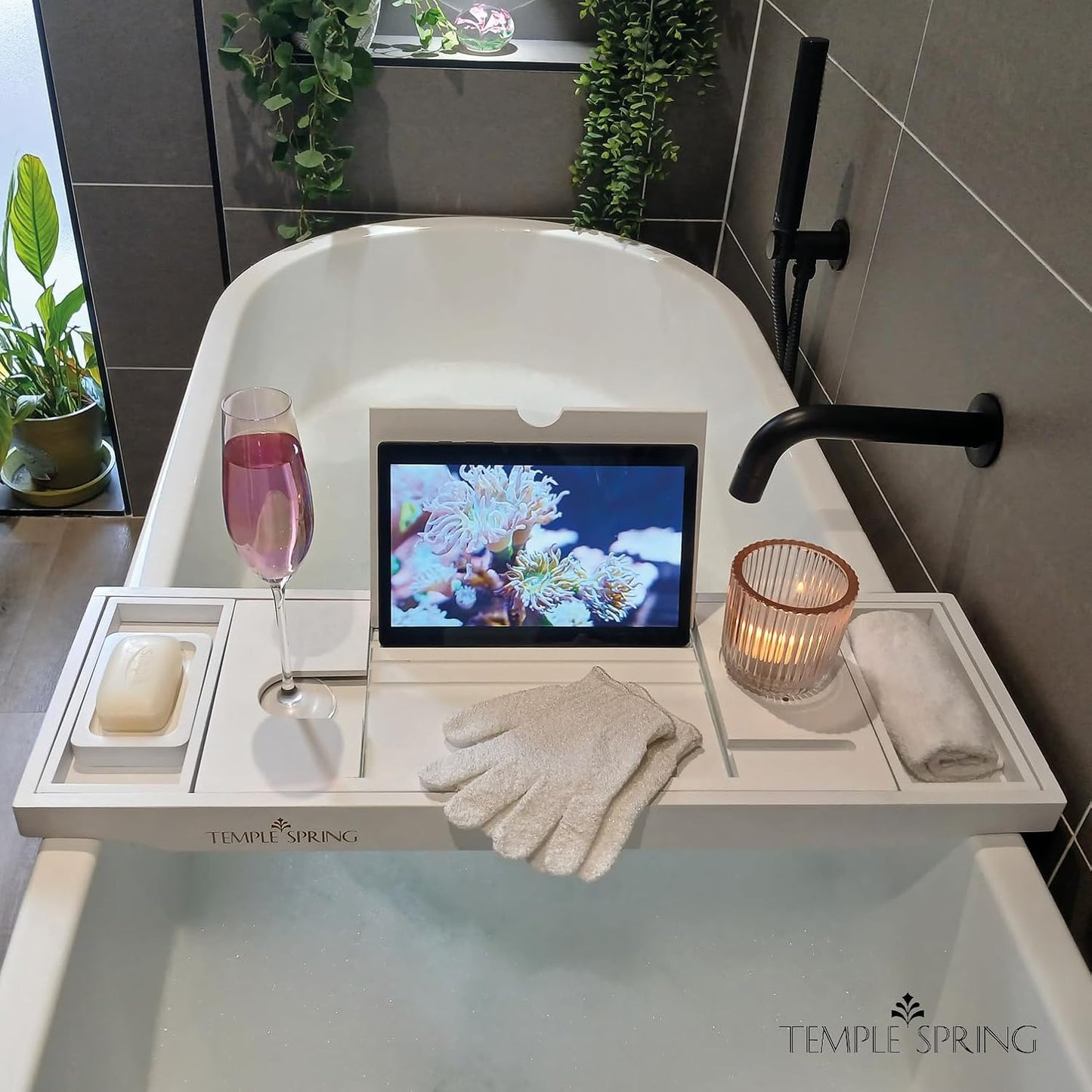 Temple Spring Wooden Bathtub Tray, Bamboo Bathroom Accessories, Bath Tray for Tub, at Home Spa Essentials, Board for Tub Table, Bath Caddy for Bathtub Accessories & Bathroom Essentials – White