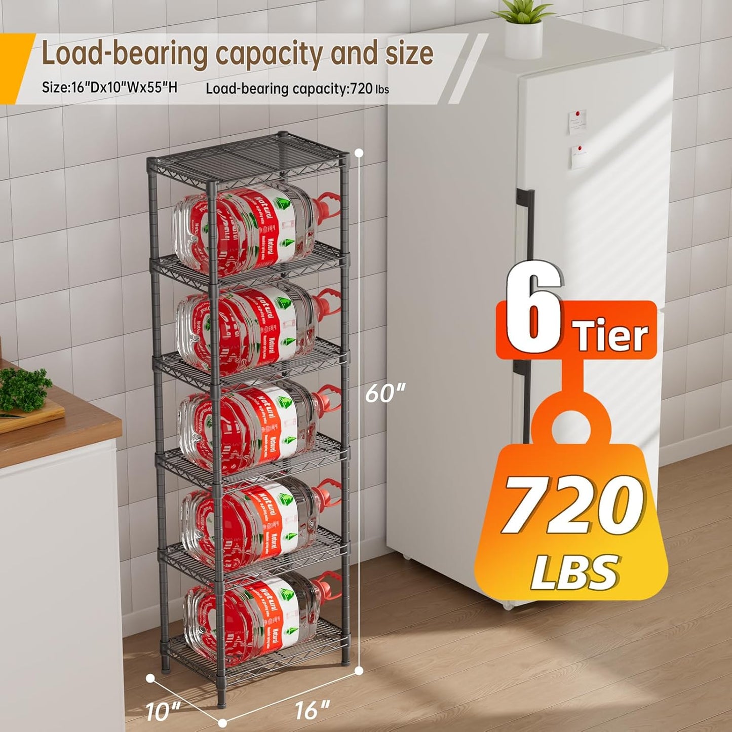 6 Tier Shelf Adjustable Storage Mesh Gaps Metal Utility Shelves Wire Shelving Unit Organizer Rack for Home Kitchen Office Bathroom Pantry Room10 D x 16" W x 60" H Black