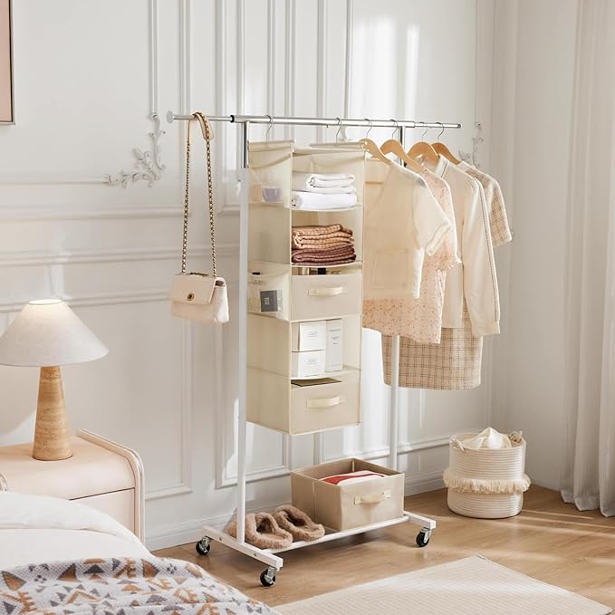 MAX Houser 5 Tier Shelf Hanging Closet Organizer, Cloth Hanging Shelf with 2 Sturdy Hooks for Storage, Foldable (Beige-D2)