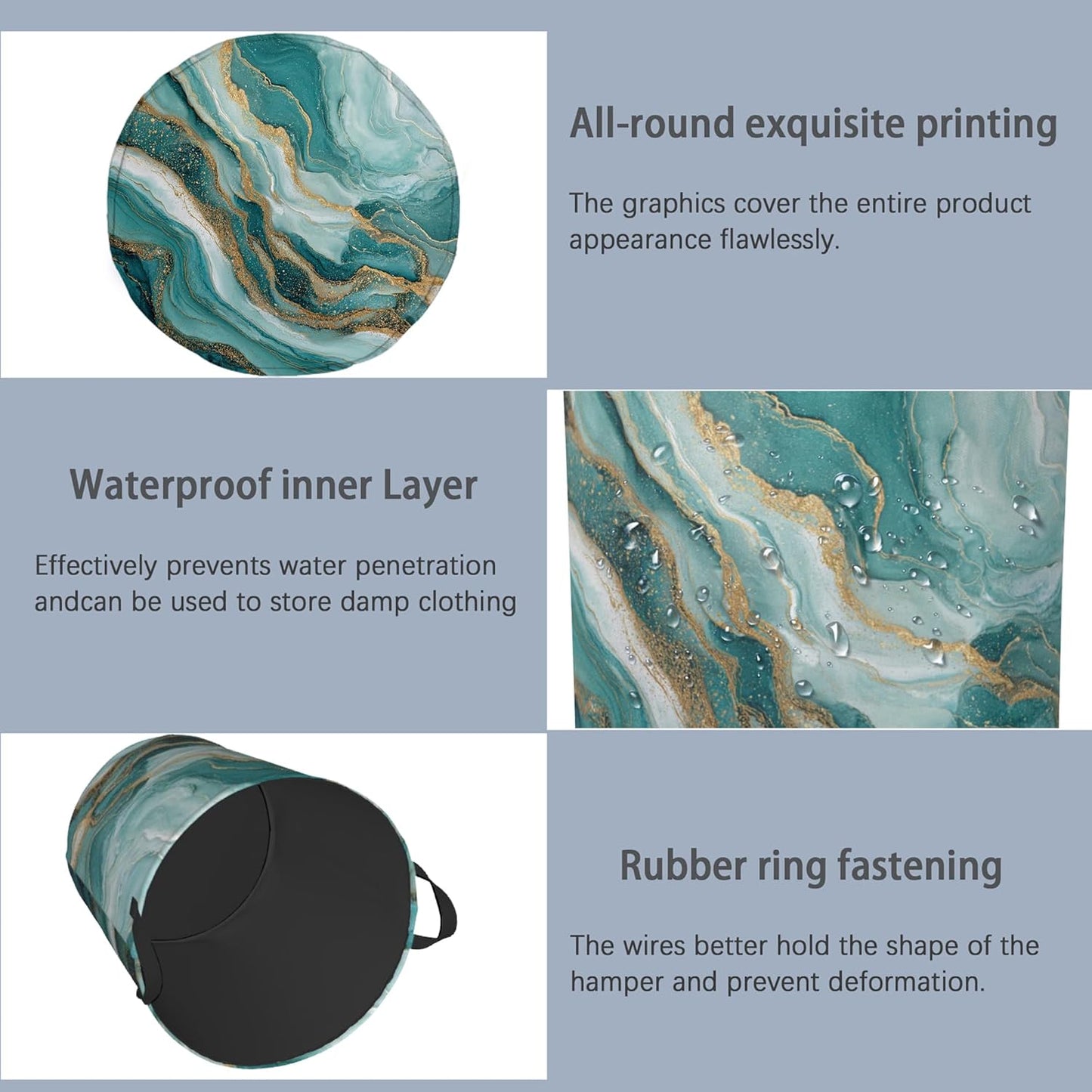 Blue Green Gold Marble Laundry Basket,Foldable with Handles Tote Bag Oxford Cloth for Bathroom Bedroom Dirty Clothes Storage Bucket 16" x 20.8"