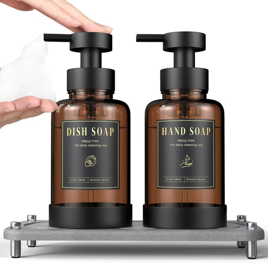 Luxspire Foaming Soap Dispenser, Non-Slip Hand Soap Dispenser with Fast Drying Tray, 15oz Glass Refillable Liquid Bottle for Bathroom & Kitchen, 2 Pack, Brown + Dark Gray