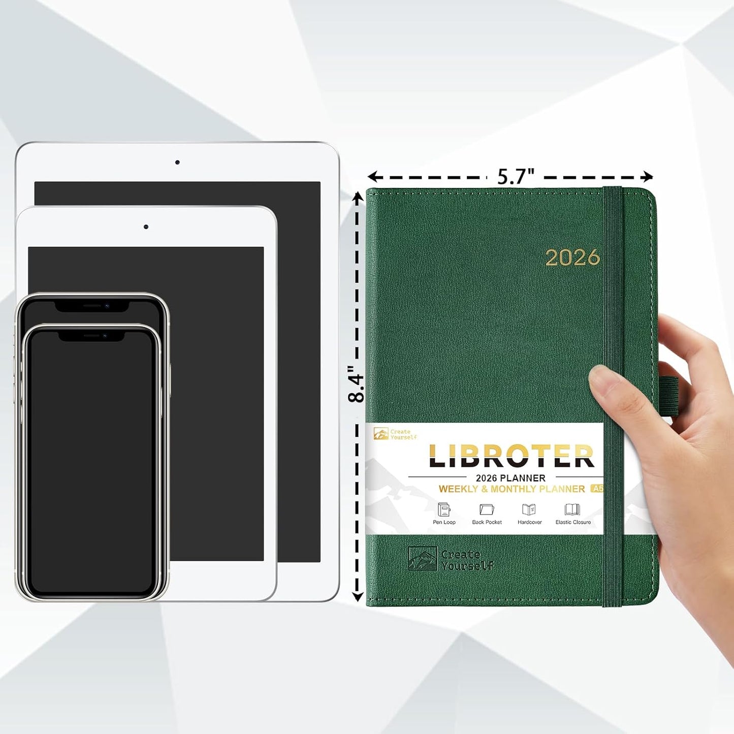 2026 Planner - Planner 2026, 2026 Weekly Monthly Planner, Jan.2026 - Dec.2026, 5.7'' x 8.4'', Thick Paper, Leather Cover, Pen Holder, Back Pocket, Bookmarks, Perfect Daily Organizer - Dark Green