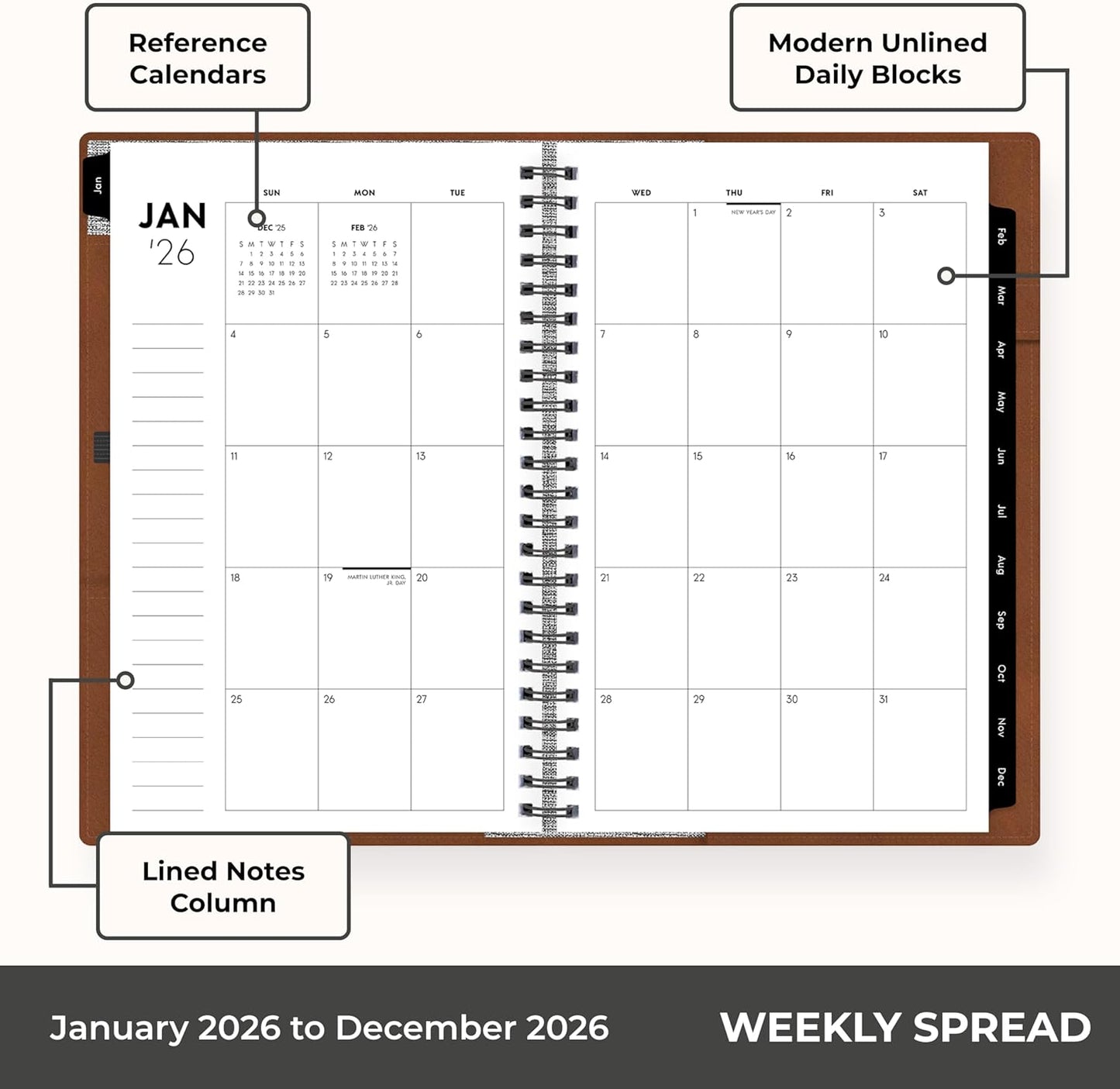 Blue Sky ASMBLD 2026 Weekly and Monthly Planner Calendar, January 2026 - December 2026, 5" x 8", Faux Leather Cover, Durable Twin Wire Binding, Storage Pocket, Laminated Tabs, Refillable, Pen Loop, Tan