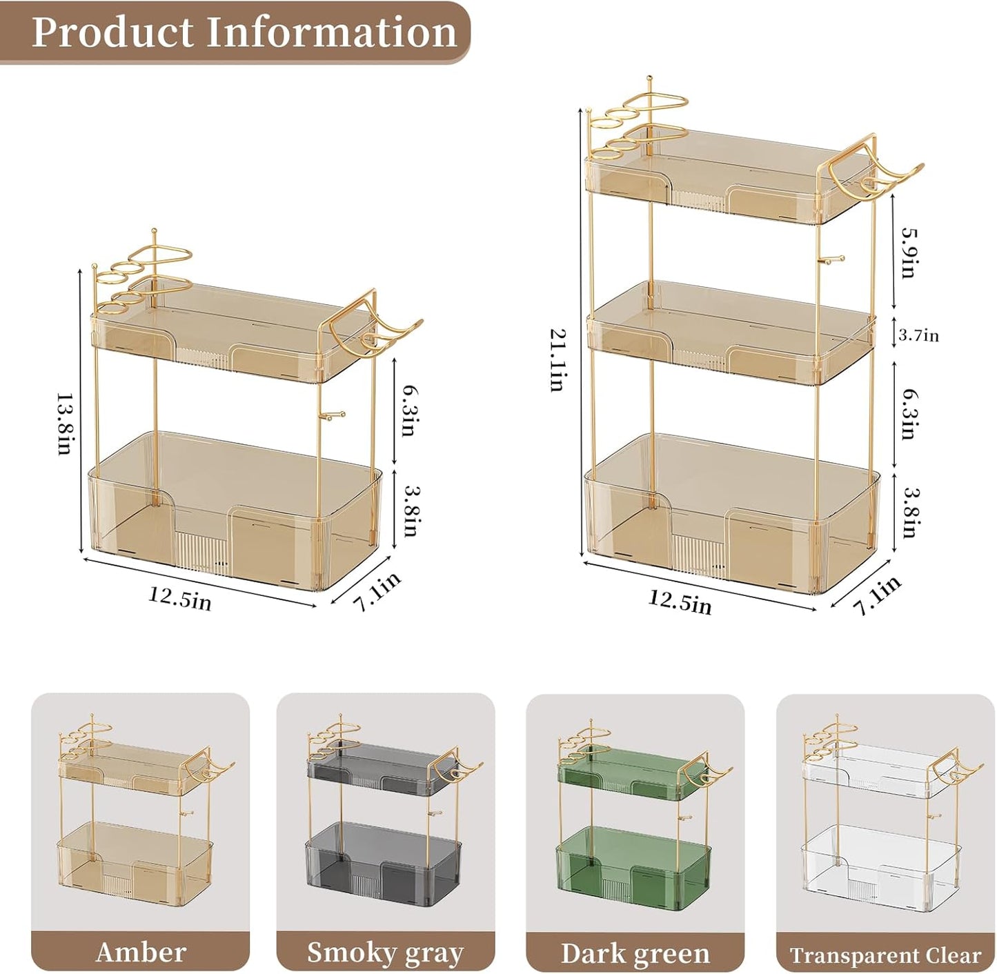 YCIA&DONE Bathroom Counter Organizer, Large Makeup Organizer Countertop, Shelf Storage, Vanity Tray, Easily Assemble for Bathroom Organizers and Storage, Undersink, Cabinet,2 Tiers Amber