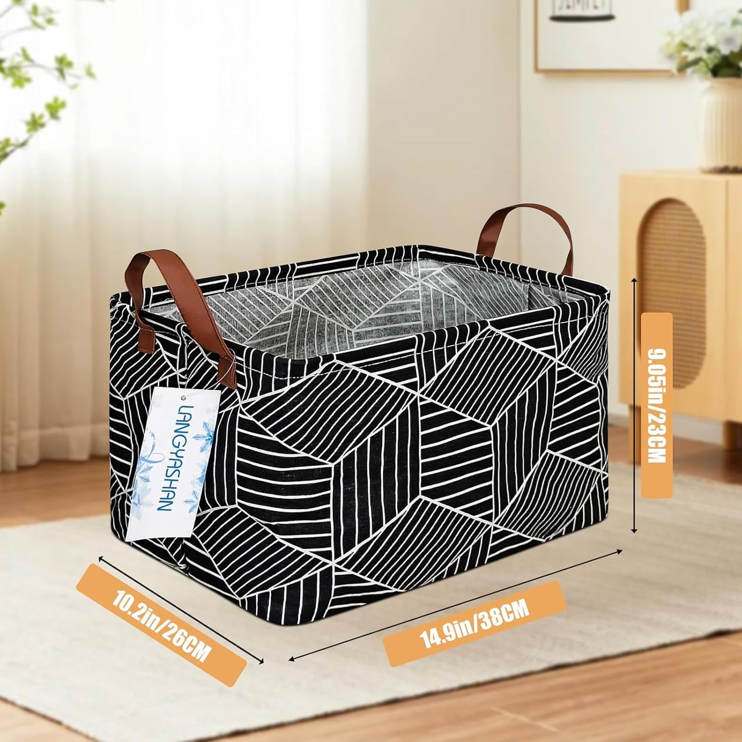 LANGYASHAN Rectangular Storage Bin Collapse Canvas Fabric Cartoon Storage Basket with Handles for Organizing Home Kitchen Boys and Girls Toys Office Closet Shelf Baskets (Black Diamond)