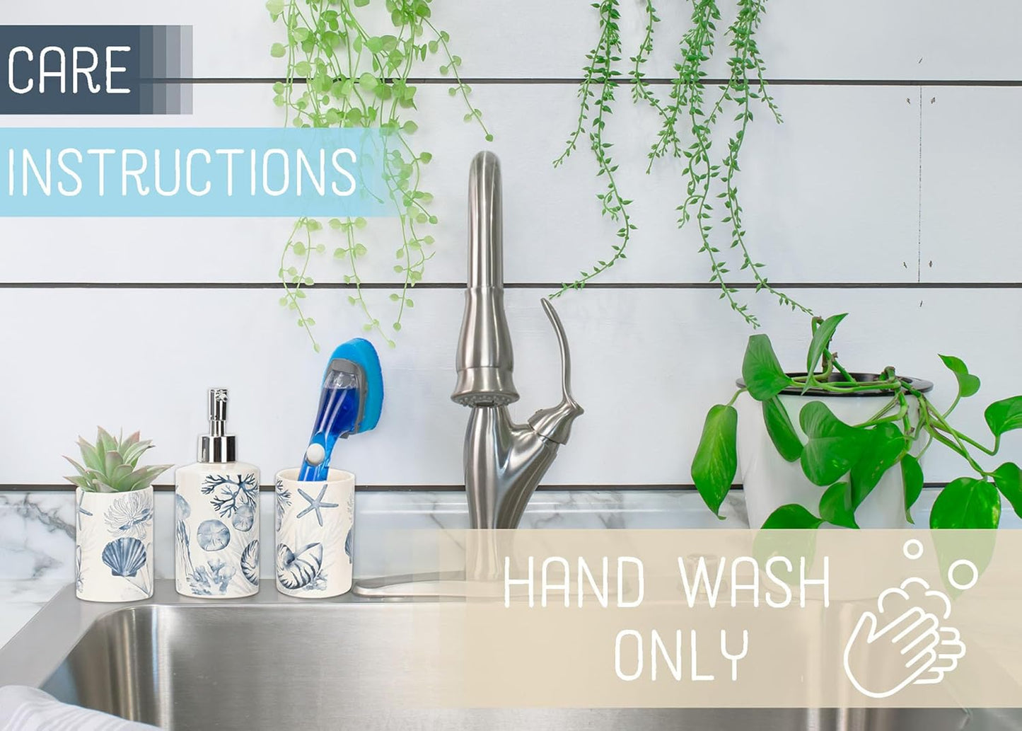 NAT & Jules Chic Modern Rounded 4.5 inch Ceramic Bathroom Accessories Set of 4 - Home Décor & Organization Perfect for Bath or Kitchen Household Essentials, Beach Nautical Blue & White