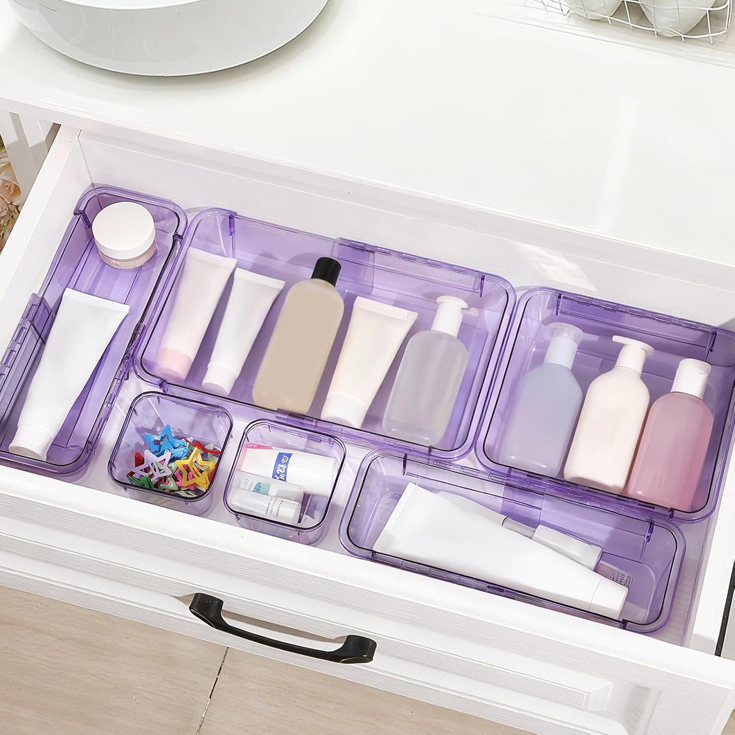 14 Pcs Adjustable Clear Drawer Organizer, Extendable Vanity Storage Bins, Desk Drawer Organizer Set for Makeup, Cosmetics, Bedroom, and Gadgets, Purple