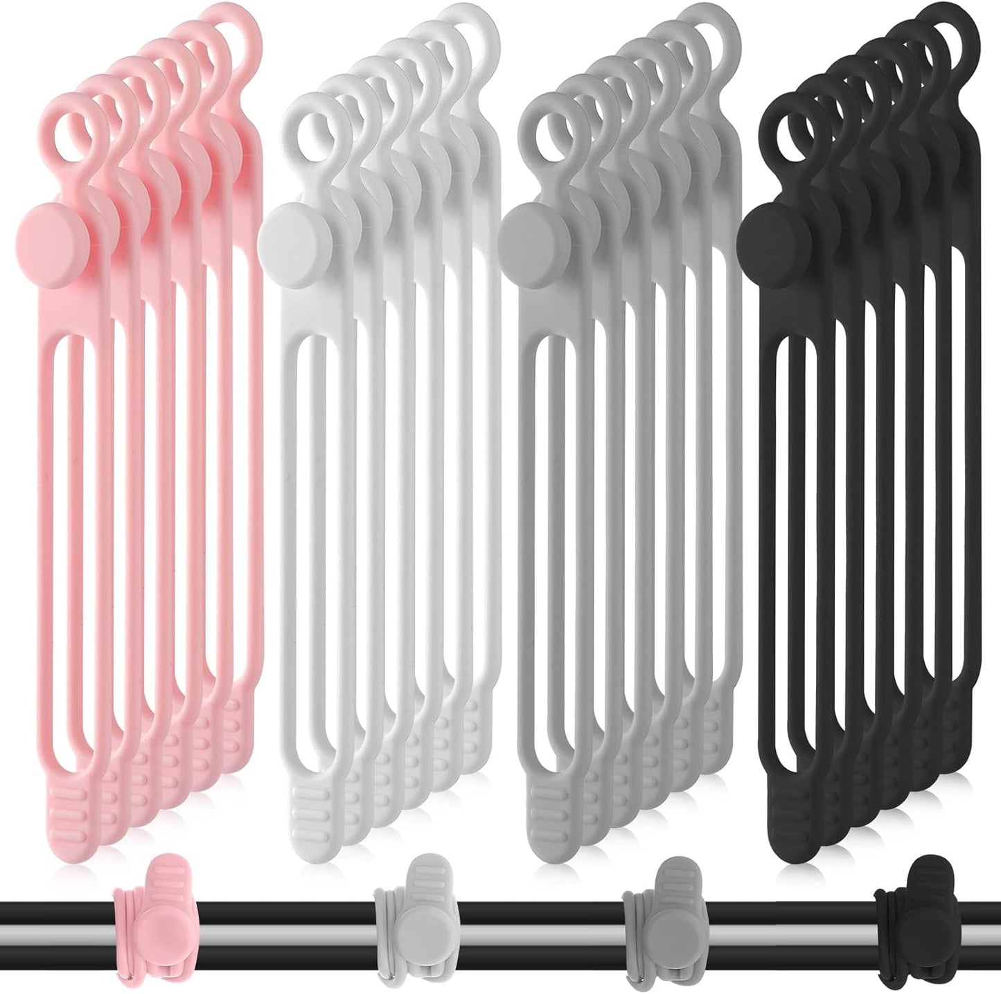 Nuanchu 40 Pcs Silicone Cable Ties Reusable Holder Adjustable Straps Multipurpose Charging Cable Organizer for Fastening Charging Cords Wires(4.17 Inch,Black, White, Gray, Pink)