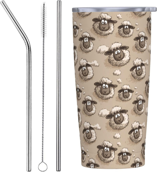 Sheep Tumbler with Lid and Straw 20oz Insulated Reusable Stainless Steel Travel Mug Double Wall Vacuum Coffee Cup for Hot Cold Drinks Leak-Proof Portable Cups for Women Men Gifts