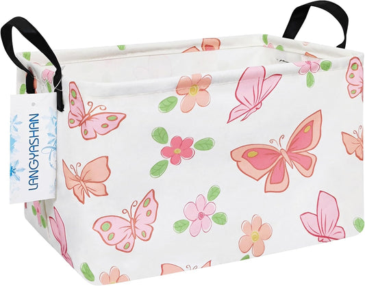 LANGYASHAN Rectangular Storage Bin Collapse Canvas Fabric Cartoon Storage Basket with Handles for Organizing Home Kitchen Boys and Girls Toys Office Closet Shelf Baskets (Rec Pink Butterfly)