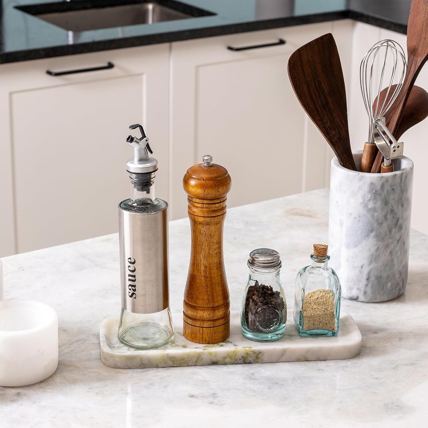 Koville Marble Tray for Bathroom Sink, 12"x4" Natural Stone Vanity Tray for Kitchen Dresser Countertop, Rectangular Decorative Marble Tray for Jewelry Perfume Trinket(Bianco Palomino)