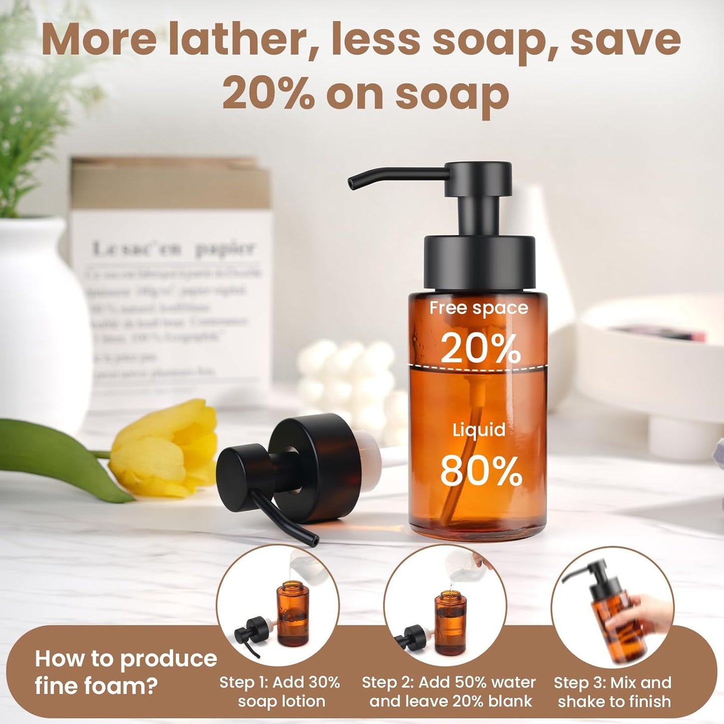 6 Pack 10 OZ Glass Foaming Soap Dispenser for Bathroom & Kitchen Foaming Hand Soap Dispenser with Labels Dispenser for Liquid Soap,Shampoo,Body Wash,Dish Soap,Amber