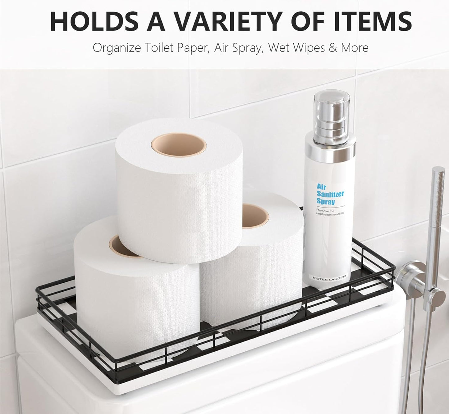 Toilet Tank Tray Organizer – Oak Wood Bathroom Counter Basket with Metal Frame, Back of Toilet or Tank Top Paper Holder Storage – Black & White Modern Decor