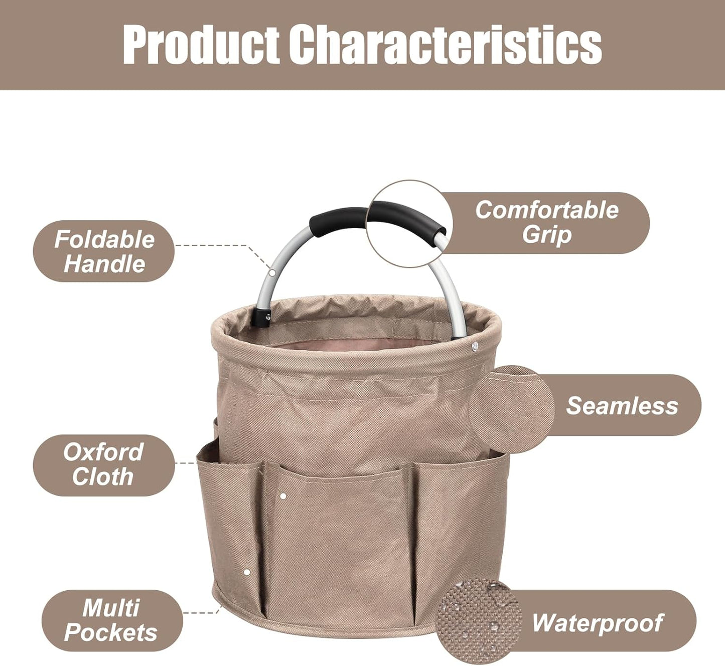 Cleaning Caddy with Handle, 17L Cleaning Supply Caddy Foldable Bucket Organizer Cleaning Products Organizers Cleaning Tools Bag 4.5 Gallon (Khaki)