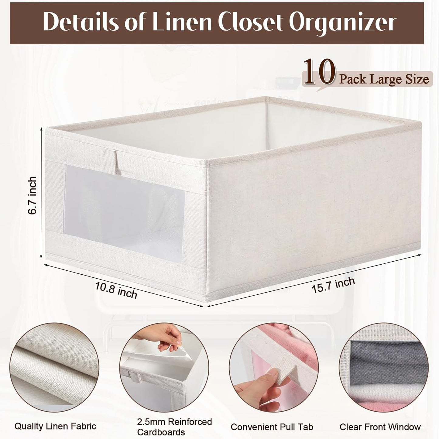 10 Pack Linen Closet Organizers And Storage, Closet Storage Bins for Closet Organization, Linen Closet Baskets Foldable Closet Organizer Bins with Clear Window For Organizing Clothing, Jeans