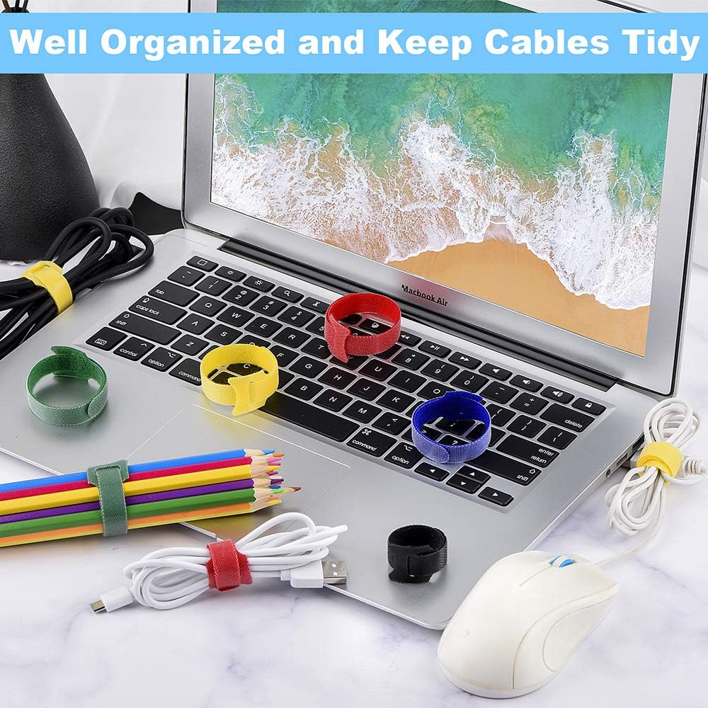 60PCS Reusable Cable Ties, Newlan 2 Size Adjustable Cable Straps 50PCS 8 Inches 10PCS 6 Inches, Cable Organizer, Cord Wrap and Hook Loop Cords Management - 5 Colors