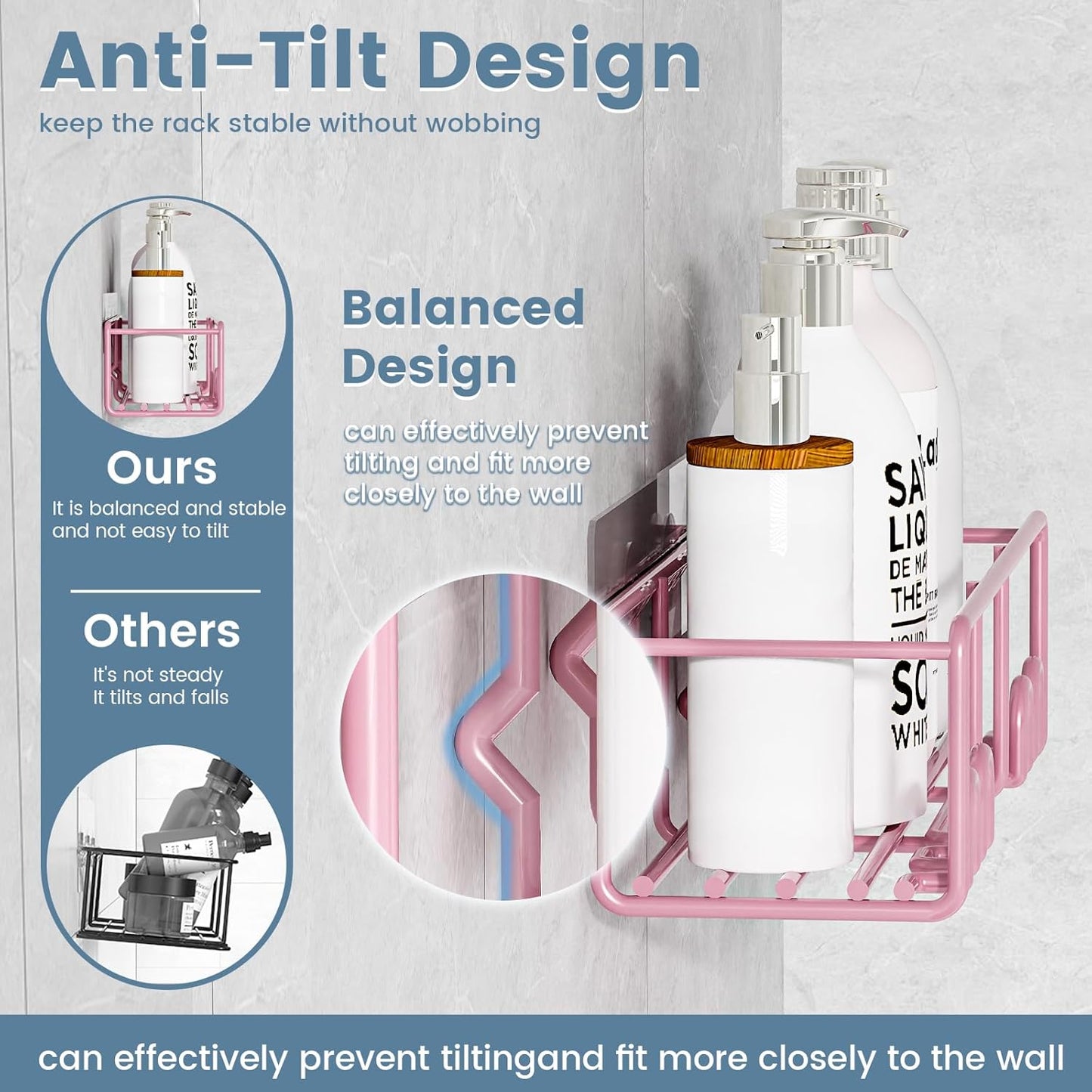 5-Pack Shower Caddy, Adhesive Shower Organizer, No-Drill Space Saving Shower Shelf with Soap Dish, Rustproof Shower Shampoo Holder for Kitchen & Bathroom Storage & Home Decor (Pink)