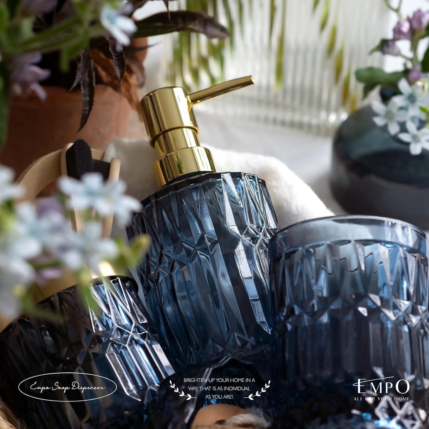 EMPO 6PCS Bathroom Clear Glass Accessories Set (Lotion Soap Dispenser, Soap Dish, Toothbrush Holder, Tumbler, Cotton Swab Jar), Contemporary Modern Decor Crystal Vintage Gift (6pcs Blue)