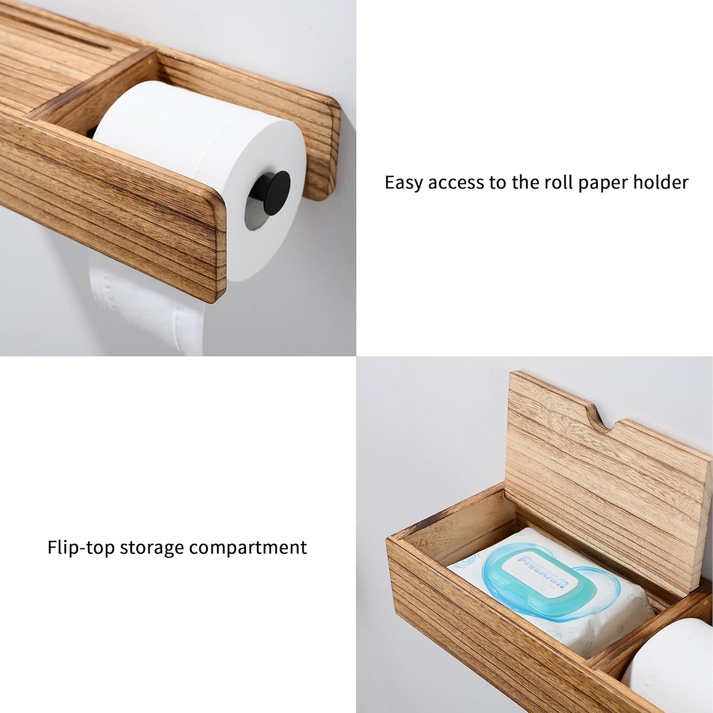 Toilet Paper Holder - Holder Phone & Wipes Holder, Adhesive Toilet Roll Holder Wooden Rustic, Hidden Storage Drawer for Wipes Tampon, Farmhouse Bathroom Decor