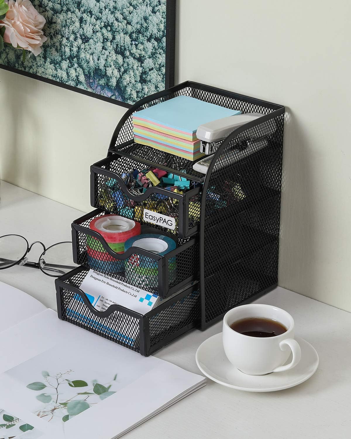 EasyPAG Mesh Desk Organizer with 3 Drawer Office Desktop Organizers and Accessories Stationery Caddy for Office, Home, Students, Black