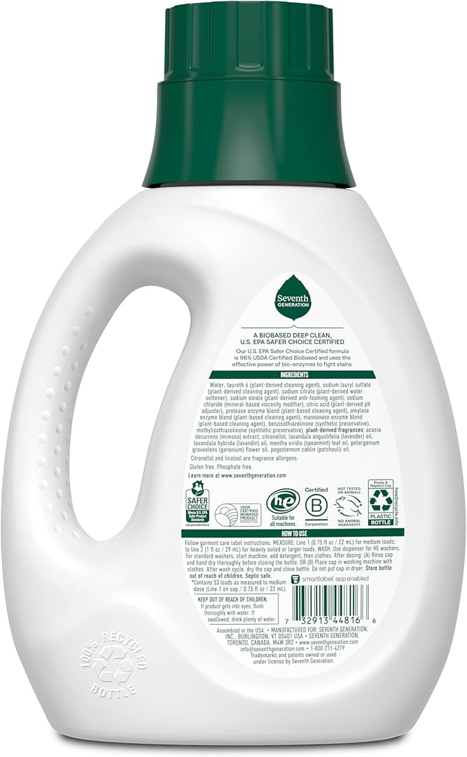 Seventh Generation Concentrated Laundry Detergent, Stain Fighting Formula, Fresh Lavender scent, 40 oz (53 Loads)