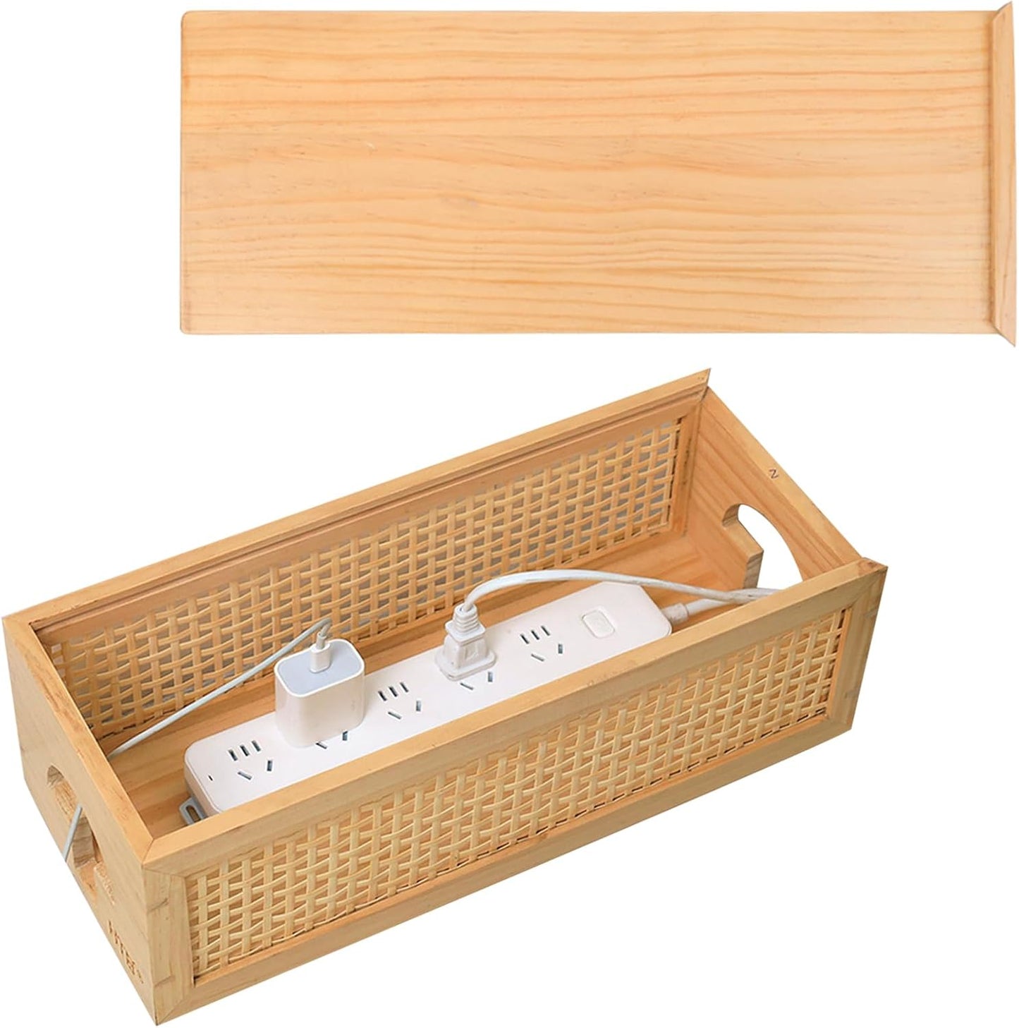 HTB Pinewood Cable Management Box with Bamboo Rattan Mesh - Vintage Cord Organizer for Desk with Valet Tray, Pull-Out Lid Design Safe for Kids and Pets