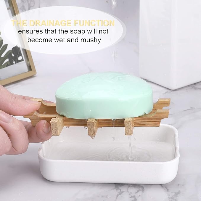 Bamboo Wooden Soap Dishes for Bathroom Bar Soap Holder Shower Soap Holder Sink Deck Bathtub Shower Tray (Two Pieces White)