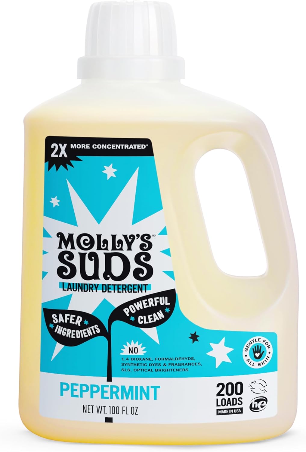 Molly's Suds Liquid Laundry Detergent | Clean Laundry Detergent Soap for Sensitive Skin | 2x Concentrated, High Efficiency (HE) (Peppermint - 200 Loads)