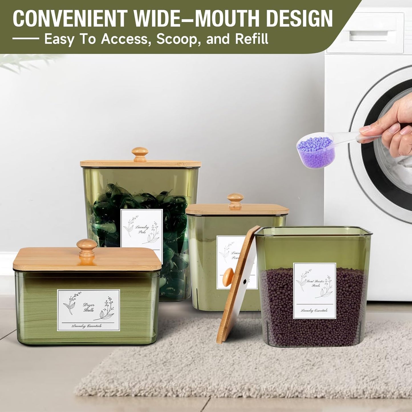 4 Pack Laundry Pods Container & Dryer Sheet Holder, Plastic Pod Holder with Lids & Scoops, Laundry Room Organization and Storage Sets for Powder, Detergent, Scent Booster