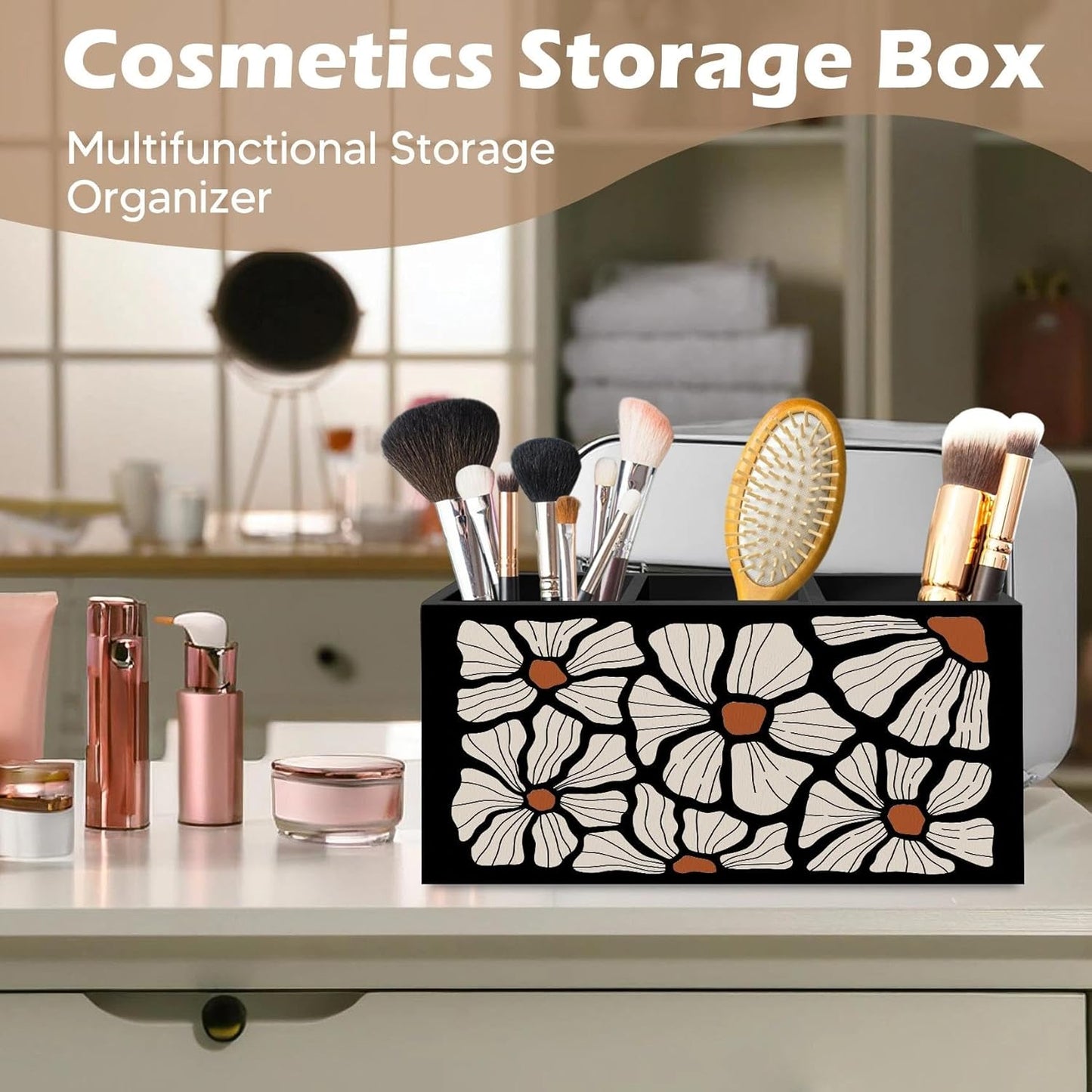 DILSJ Boho Abstract Floral Pen Pencil Holder Organizer for Desk, Boho Office Decor, Black and Beige Abstract Flower Wooden Box Signs for Home Office Desk Tabletop Decoration