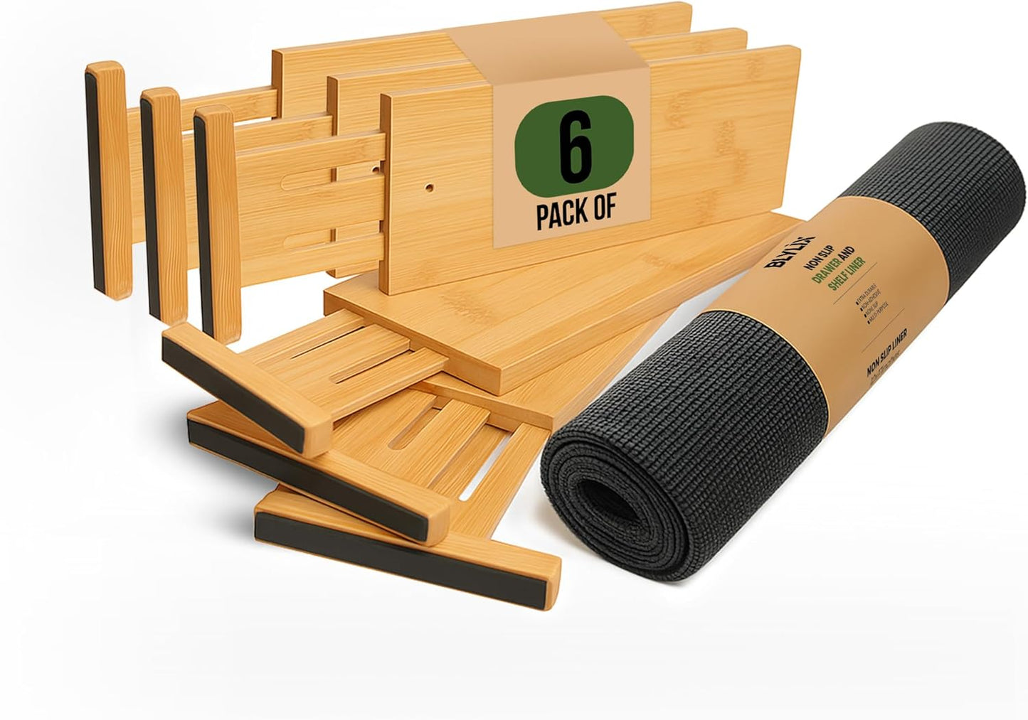 Adjustable Bamboo Drawer Dividers 6 Pack, Expandable Drawer Organizer for Kitchen, Bedroom, Bathroom and Dresser, Each Divider Expands from 12" to 17.5" Height 4.5 – Free Mat Included in Package.